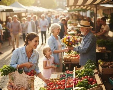 A mother and daughter choosing tomatoes while a farmer hands flowers to a neighbour at a sunny local market.