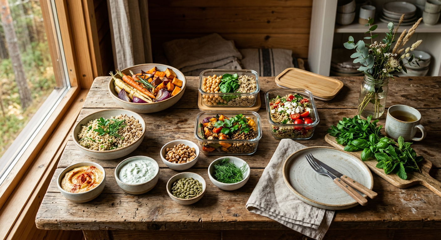 A wooden table set with bowls of roasted vegetables, grains and fresh herbs ready for the week