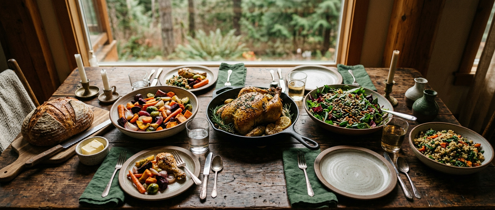 A home-cooked meal on a rustic wood table: roast herb chicken in a cast iron skillet, roasted root vegetables, green salad, sourdough and grain bowls